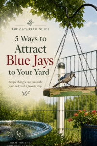 pinterest graphic for 5 ways to attract blue jays to your yard, featuring a blue jay on a platform feeder.